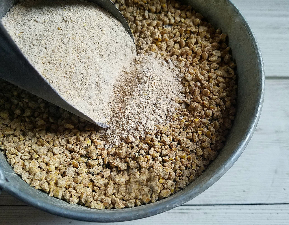 Fresh Eggs Daily brewers yeast powder-dispense closeup shows easy-to-use poultry supplement.