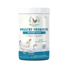 Fresh Eggs Daily Poultry Probiotics powder being dispensed to support digestion.