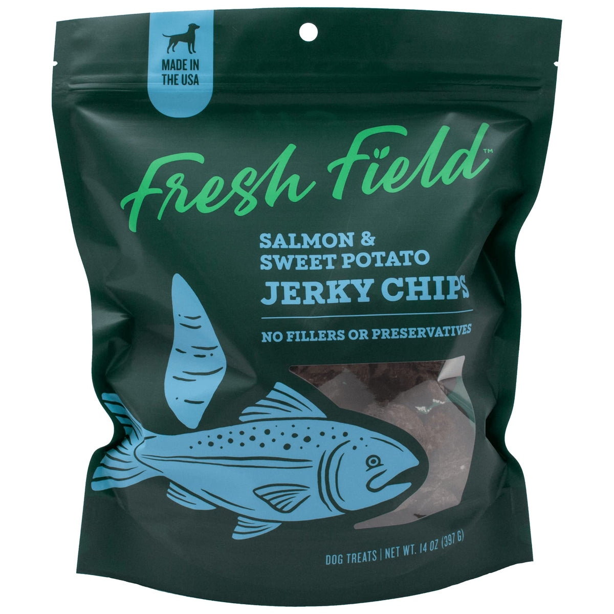 Fresh Field Salmon and Sweet Potato Jerky Chips bag highlights protein-rich dog treats