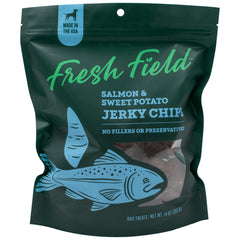 Fresh Field Salmon and Sweet Potato Jerky Chips bag highlights protein-rich dog treats