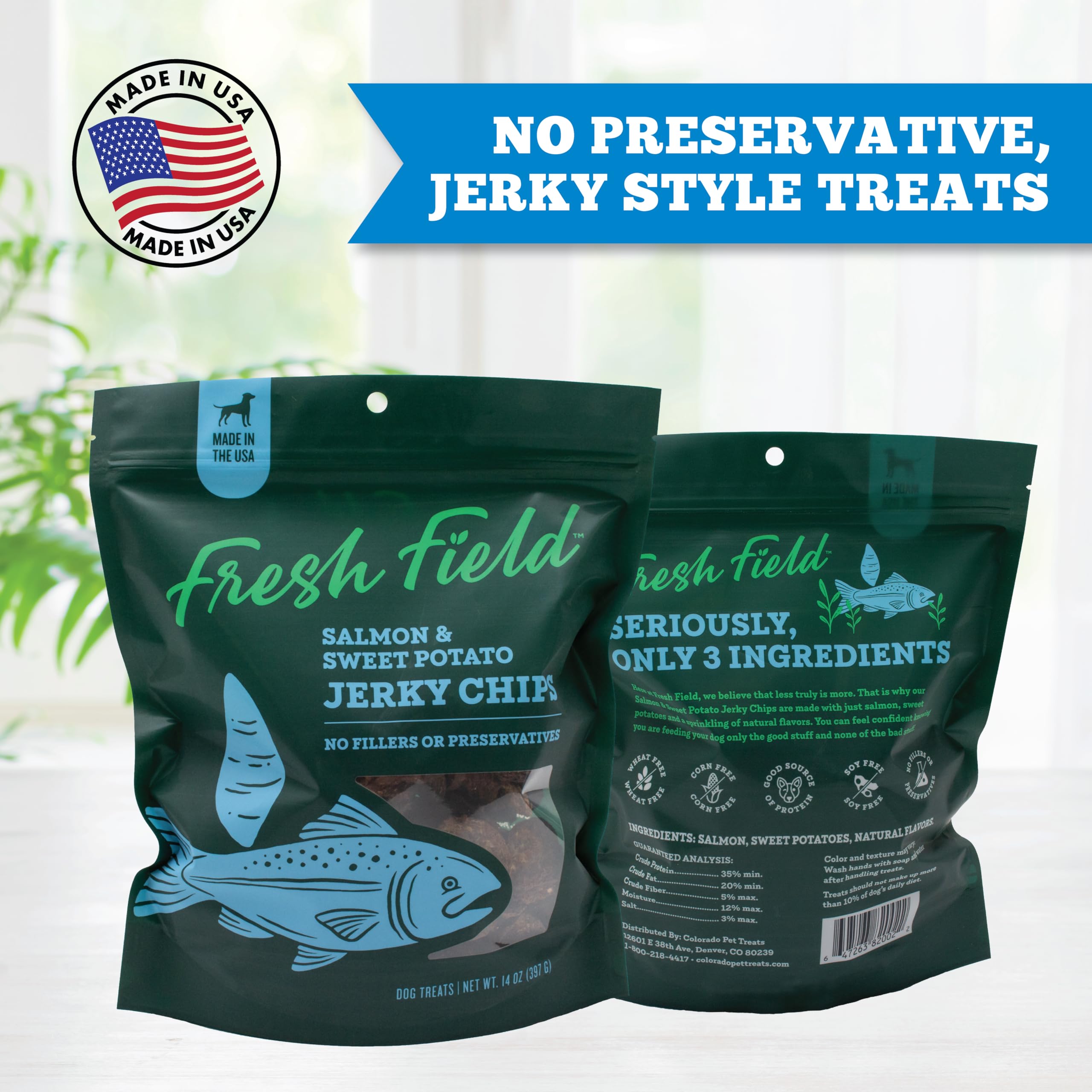 Serving suggestion with Fresh Field jerky chips suited for dogs of all sizes