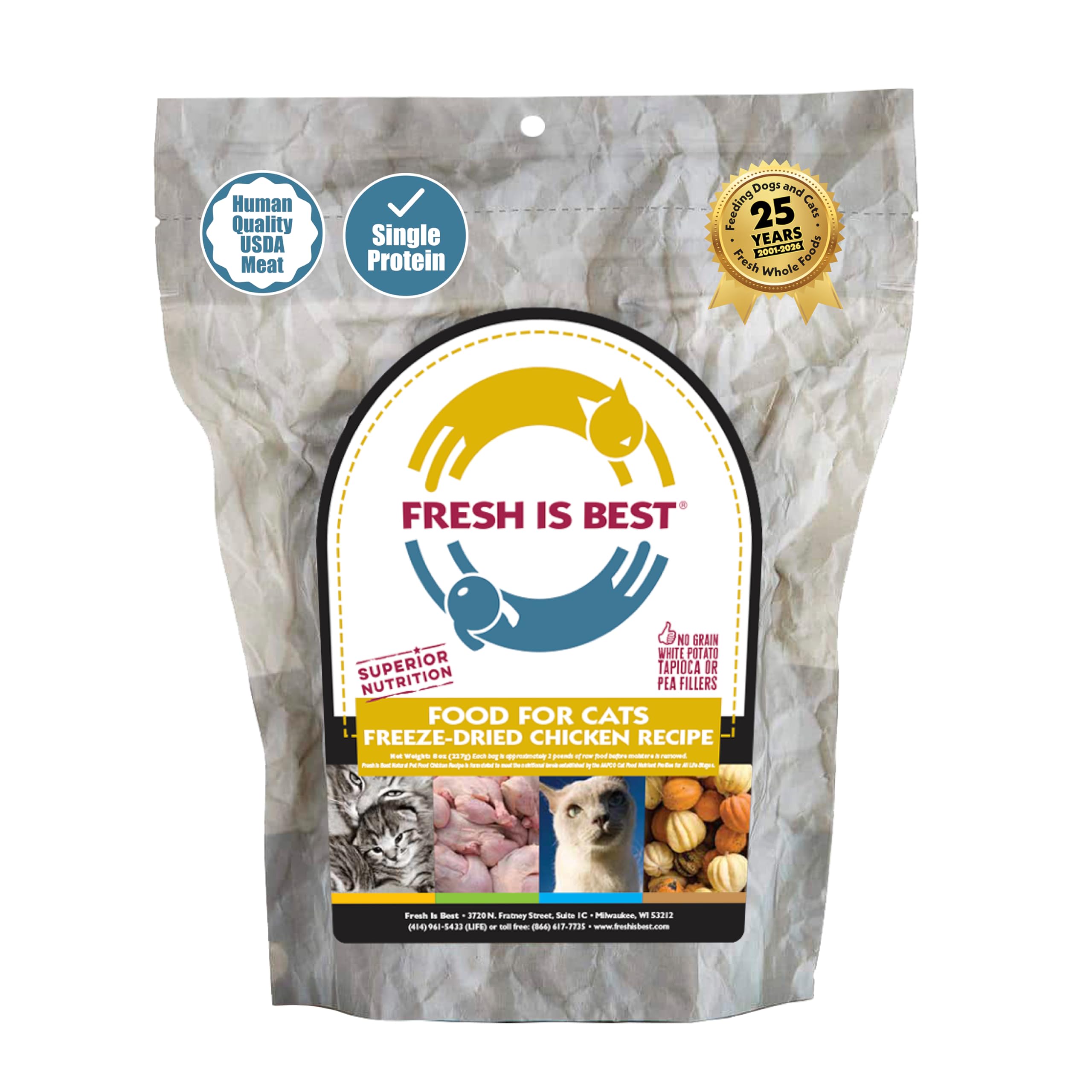 Fresh Is Best chicken freeze-dried cat food bag with premium protein.