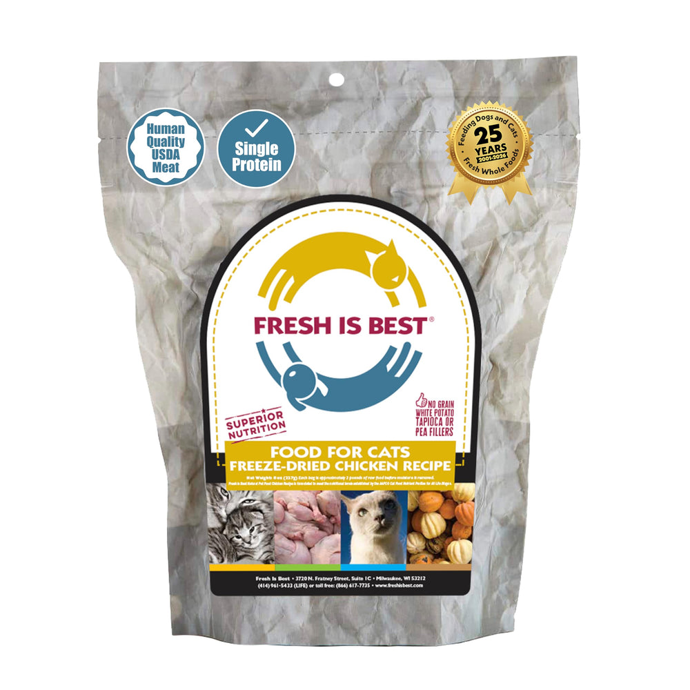 Fresh Is Best chicken freeze-dried cat food bag with premium protein.