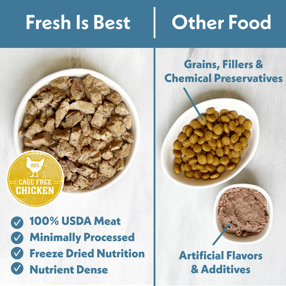 Fresh Is Best freeze-dried chicken chunks ready to rehydrate.