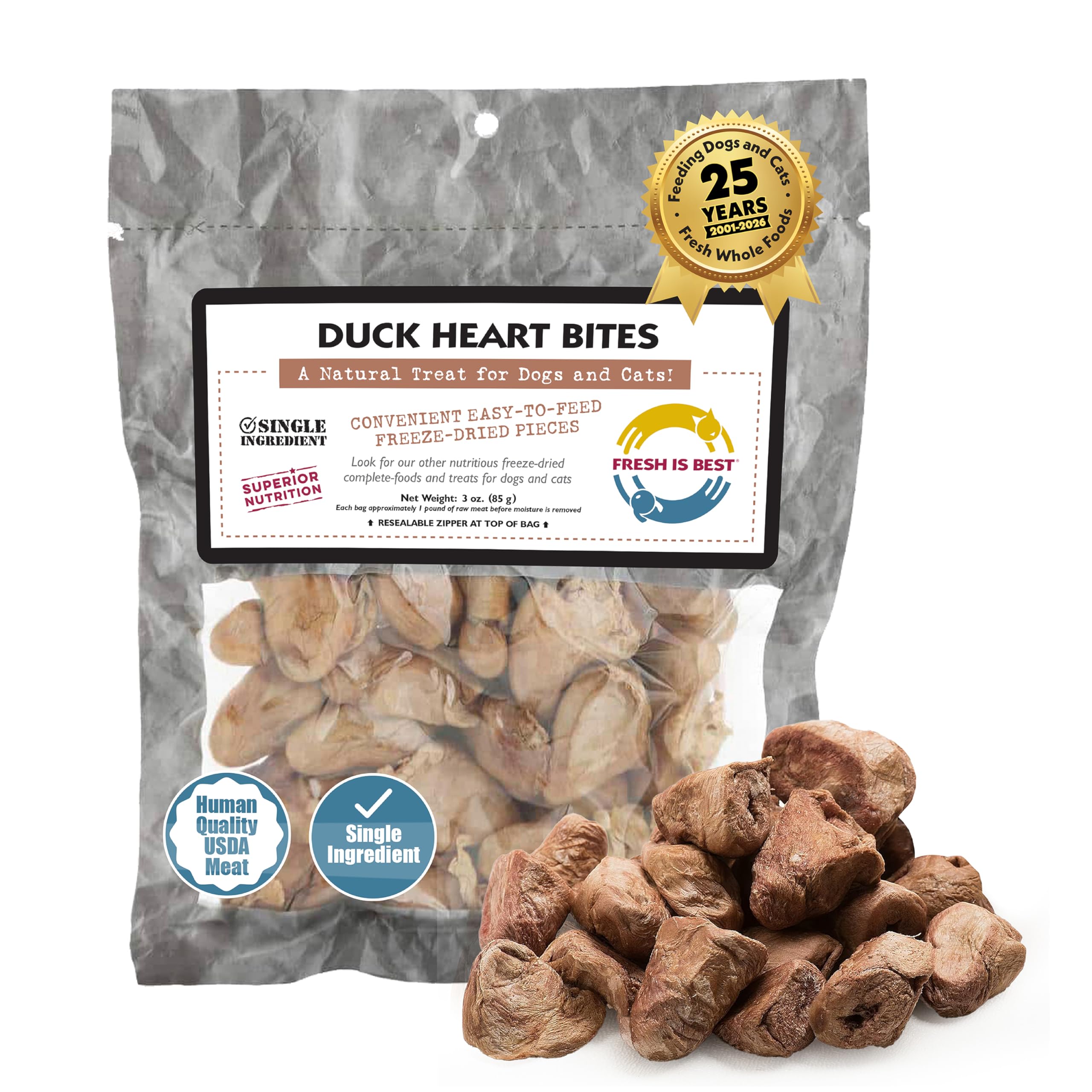 Fresh Is Best duck heart freeze-dried treats in a bag for long-lasting freshness.