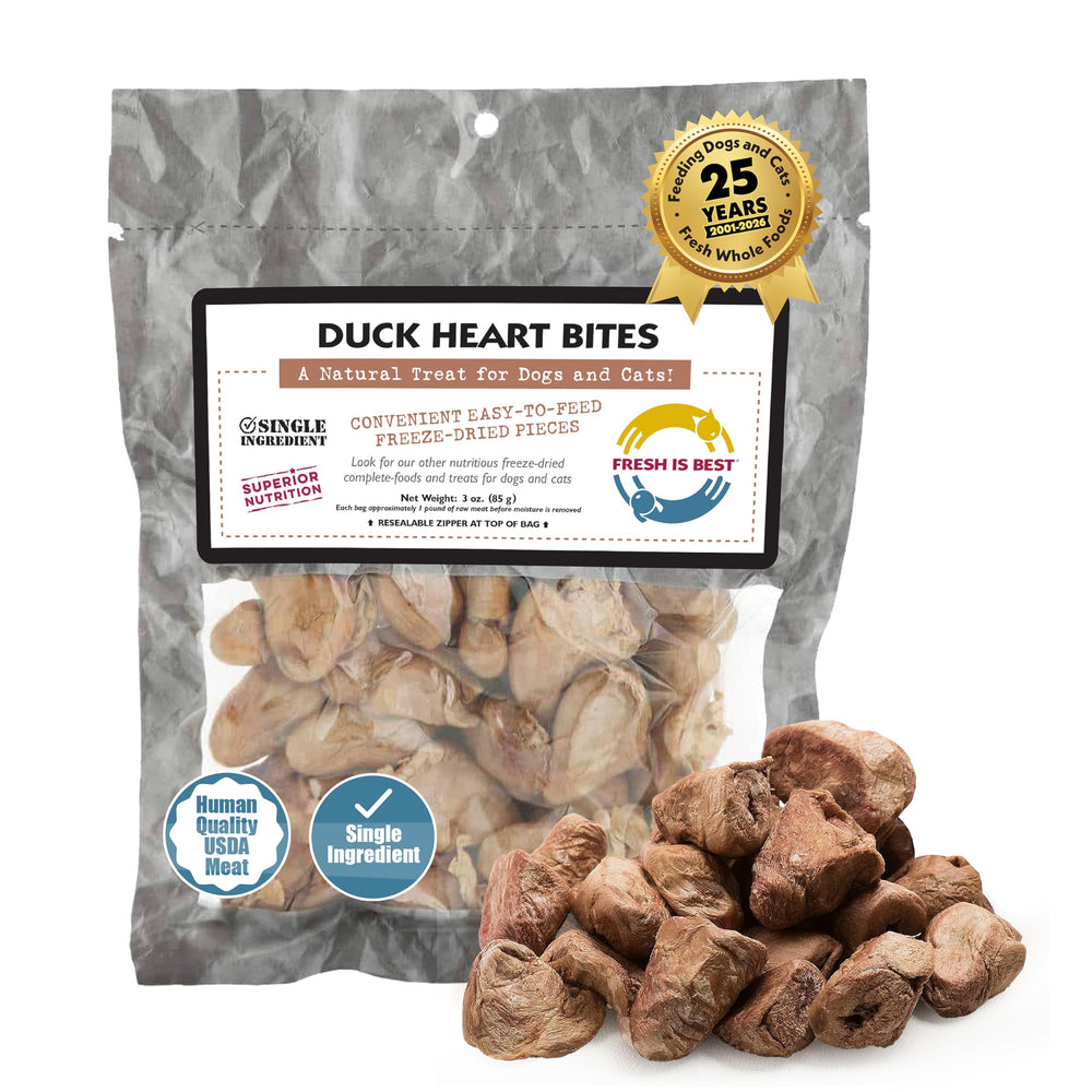 Fresh Is Best duck heart freeze-dried treats in a bag for long-lasting freshness.
