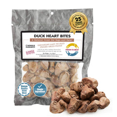 Fresh Is Best duck heart freeze-dried treats in a bag for long-lasting freshness.