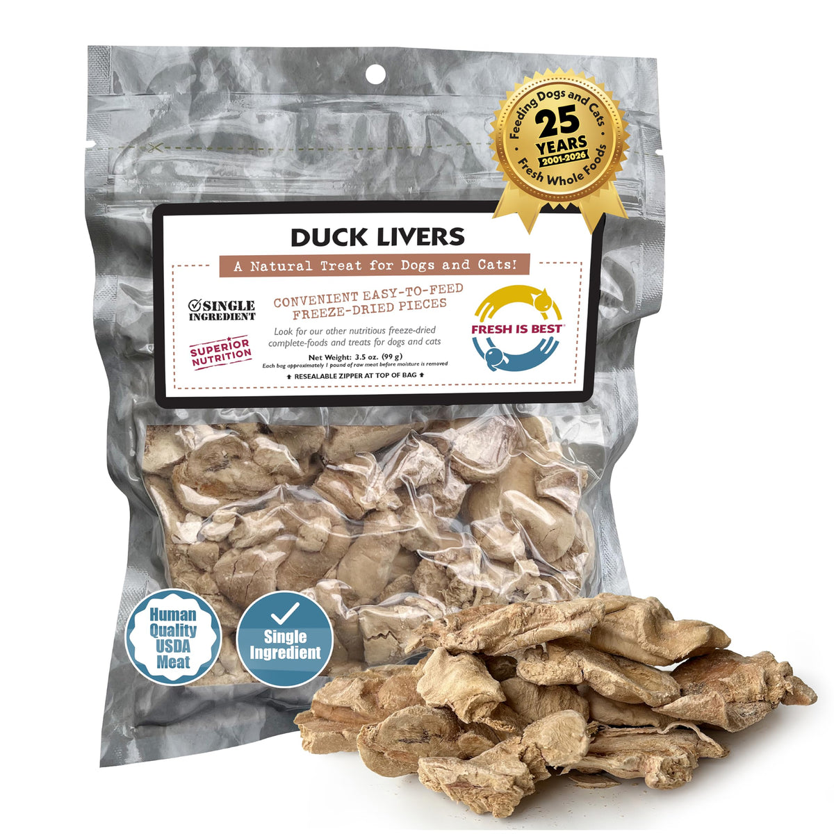 Fresh Is Best duck liver freeze-dried treats in a bag closeup, high-protein snack for pets.