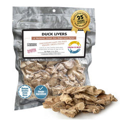 Fresh Is Best duck liver freeze-dried treats in a bag closeup, high-protein snack for pets.