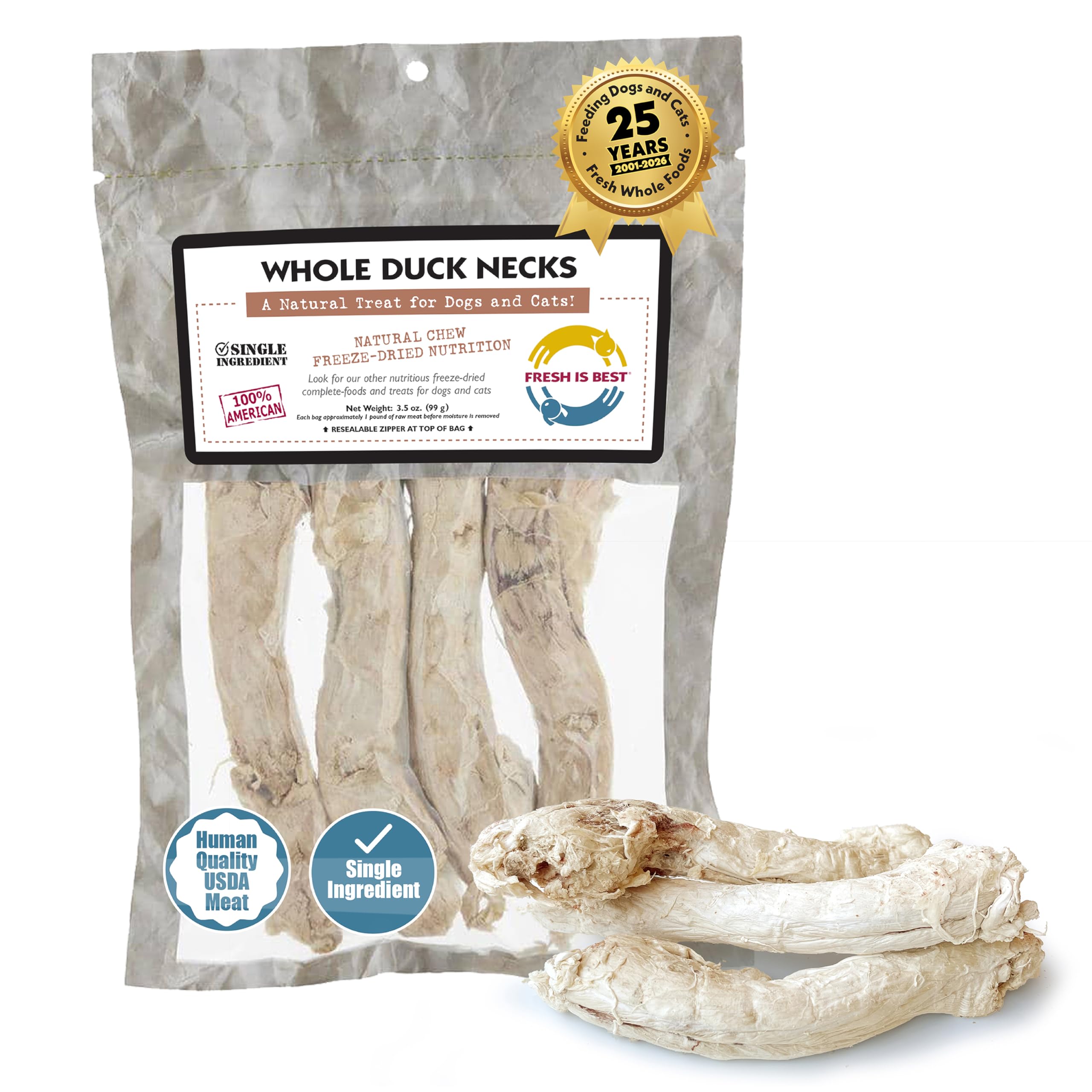 Fresh Is Best duck necks bag closeup showing resealable packaging for freshness.