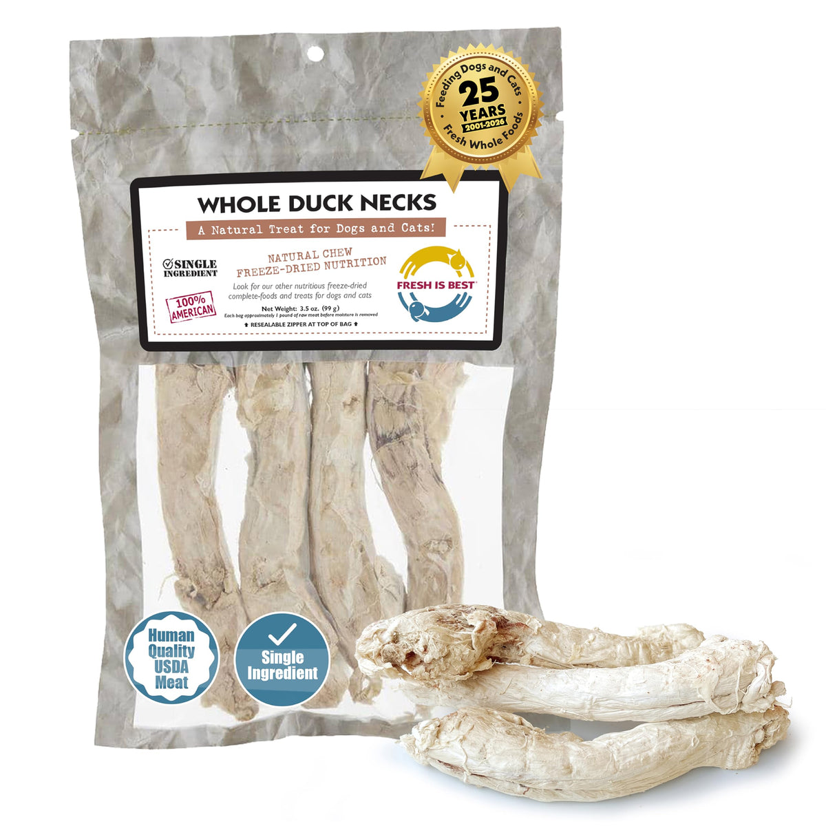 Fresh Is Best duck necks bag closeup showing resealable packaging for freshness.