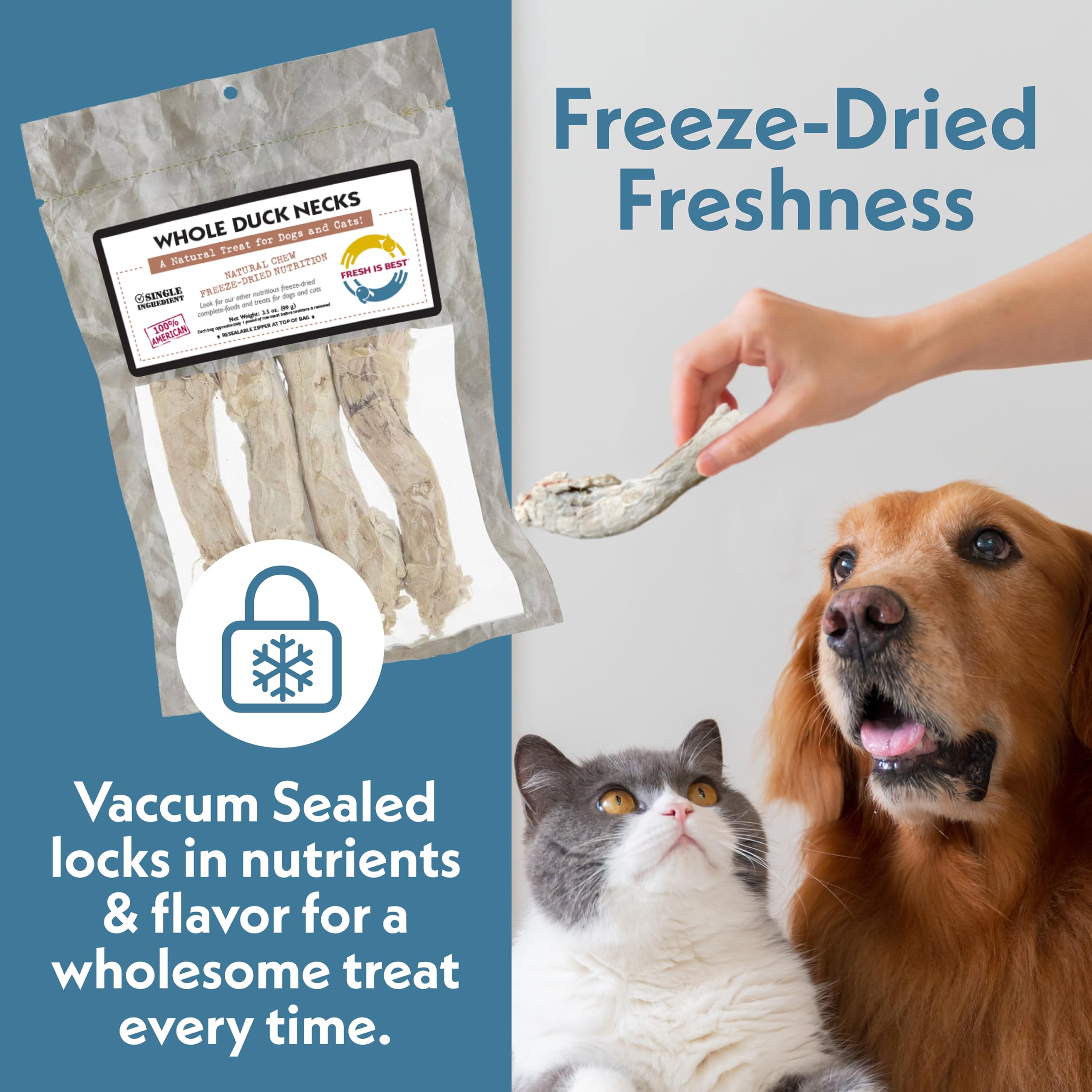 Fresh Is Best freeze-dried duck necks in a playful dog and cat setting.