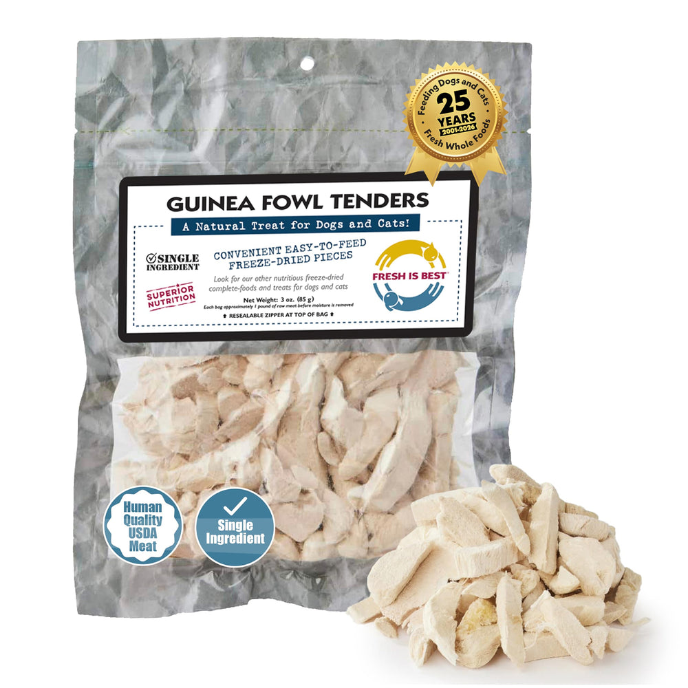Fresh Is Best Guinea Fowl Tenders bag front shows premium protein for dogs and cats.