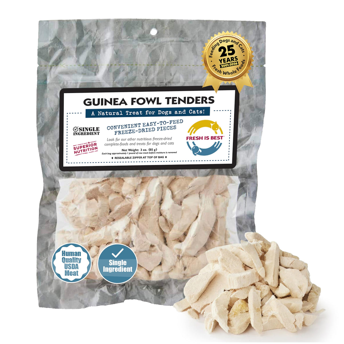 Fresh Is Best Guinea Fowl Tenders bag front shows premium protein for dogs and cats.