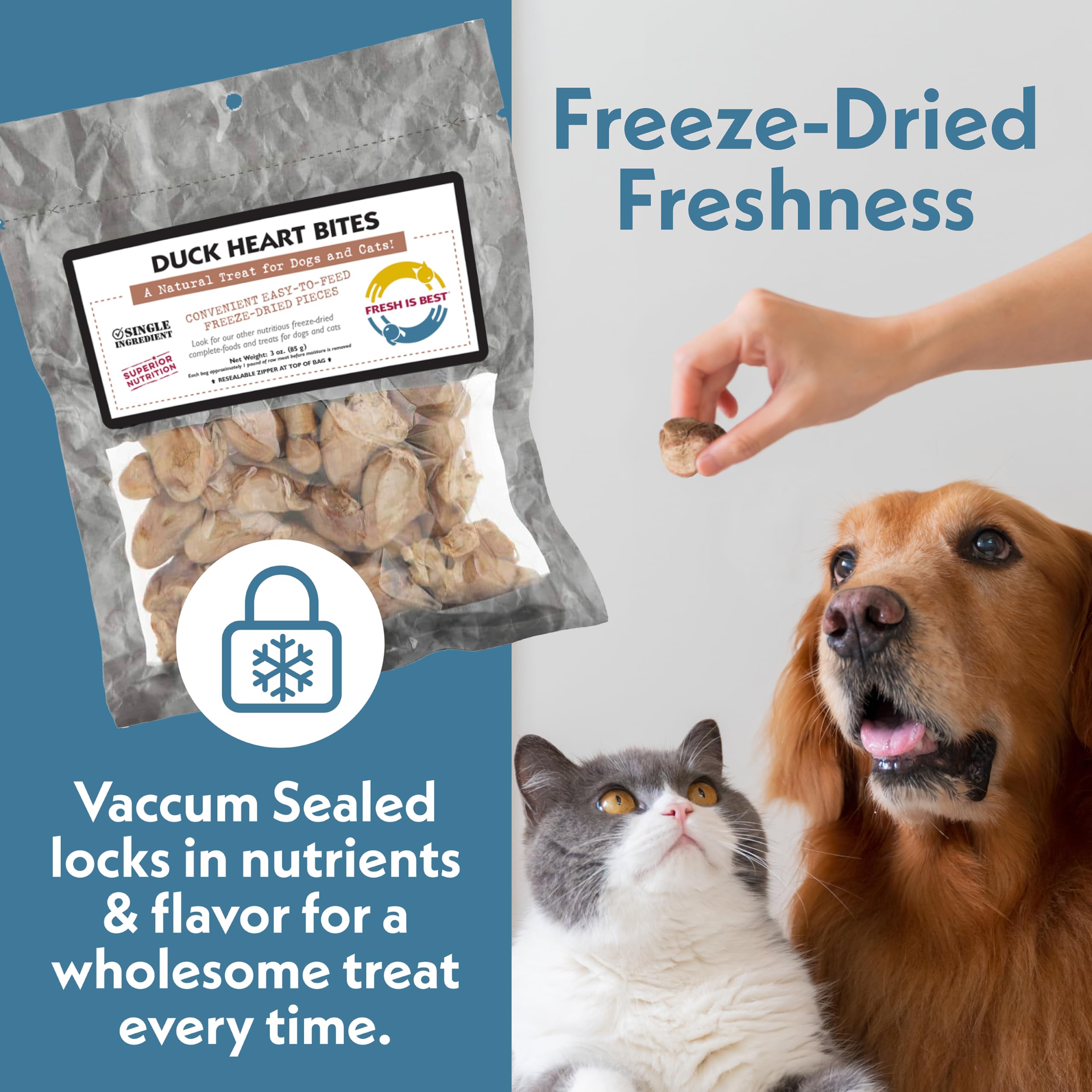 High-protein Fresh Is Best duck heart treats support active pets.