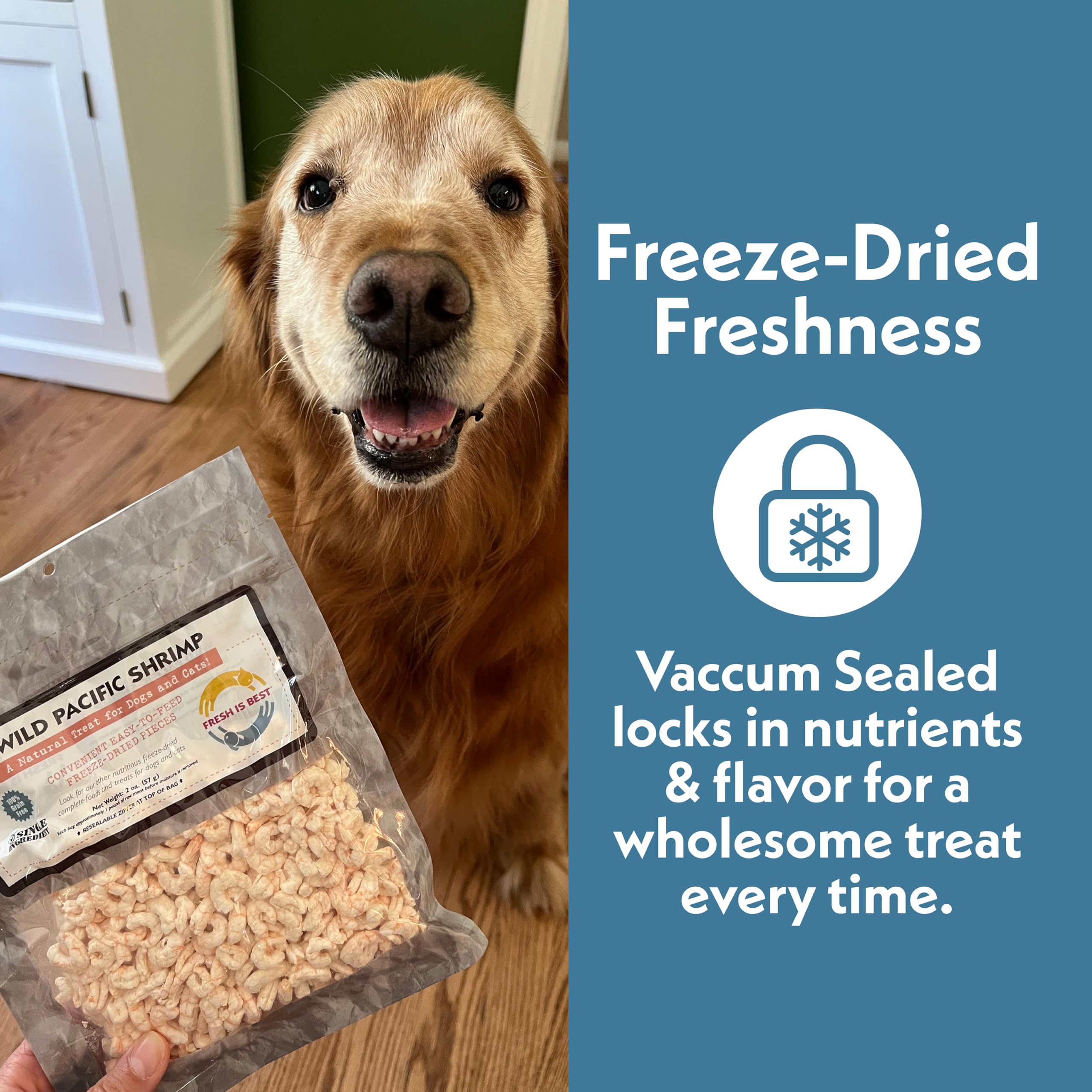 Fresh Is Best shrimp can be rehydrated for a softer, paws-friendly snack.