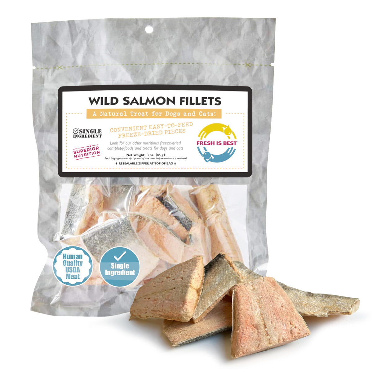 Fresh Is Best salmon fillets freeze-dried dog treats in resealable bag for freshness