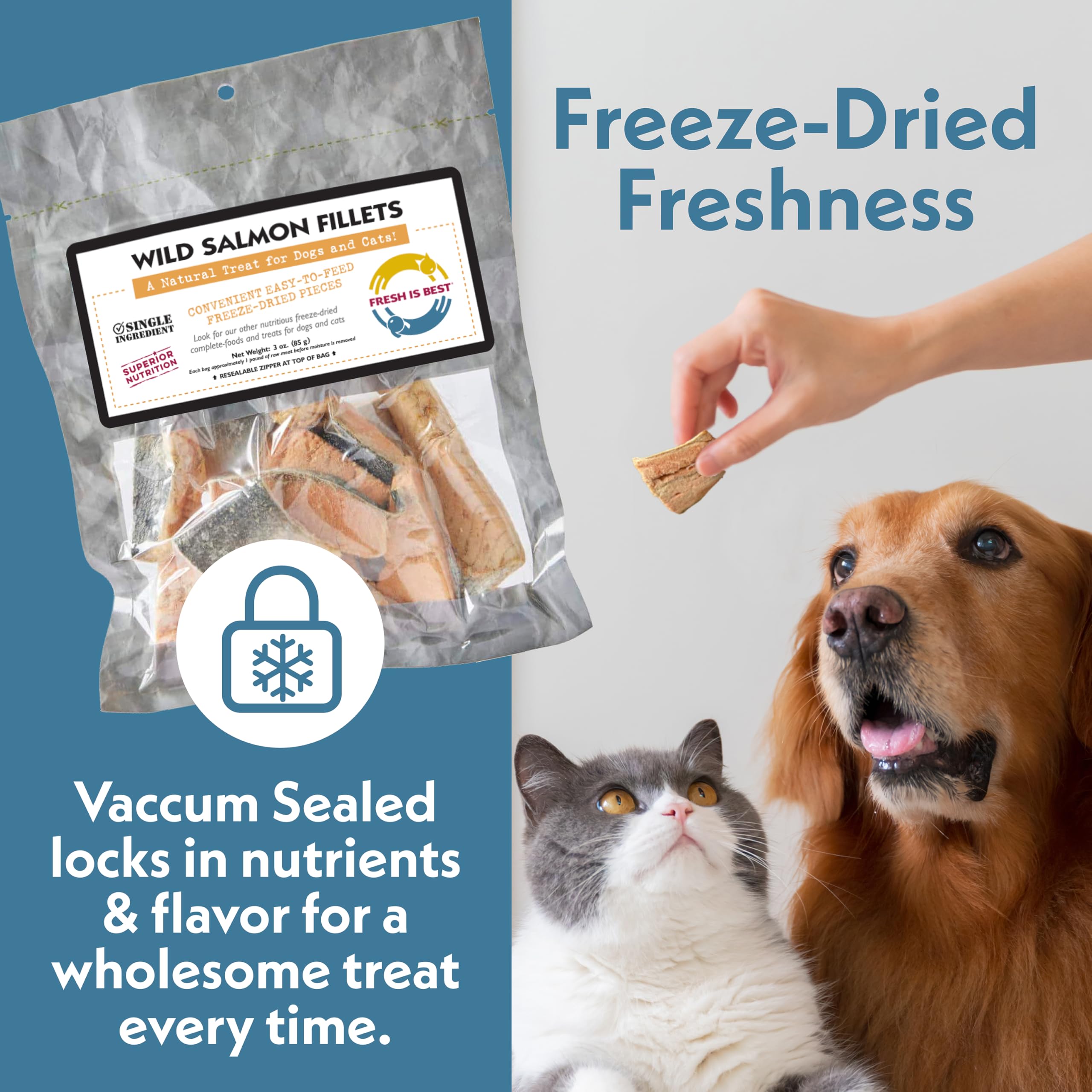 Vacuum-sealed bag preserves freshness in Fresh Is Best salmon treats
