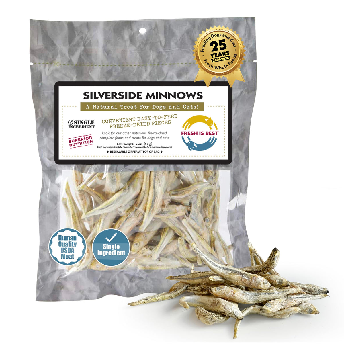 Fresh Is Best Silverside Minnows bag; premium protein for pets