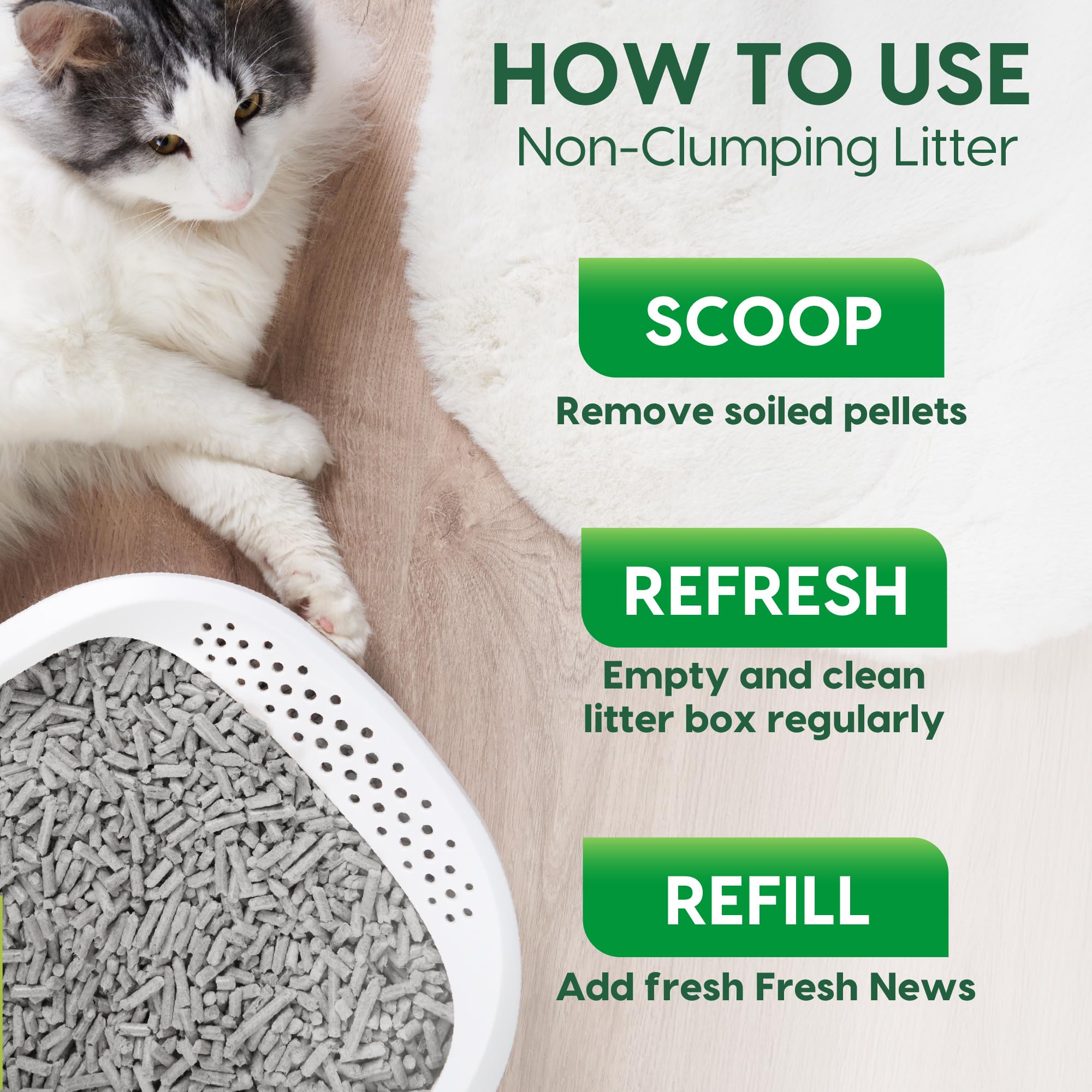 100% recycled paper pellets highlighted as biodegradable when composted.