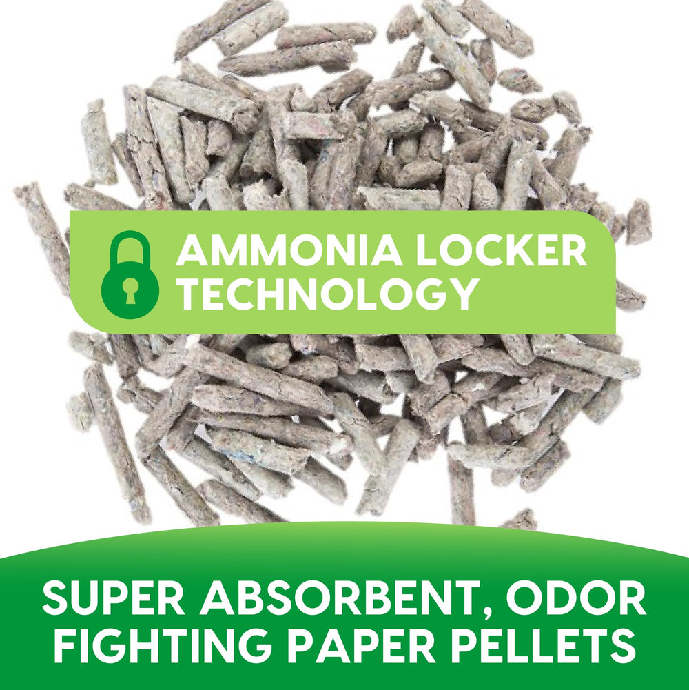 Non-clumping pellets shown in a litter pan for simple upkeep.