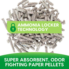 Non-clumping pellets shown in a litter pan for simple upkeep.