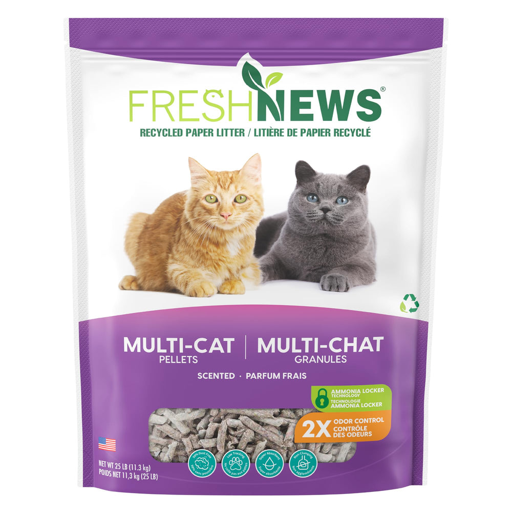 Fresh News recycled-paper cat litter pellets showing odor-control performance.