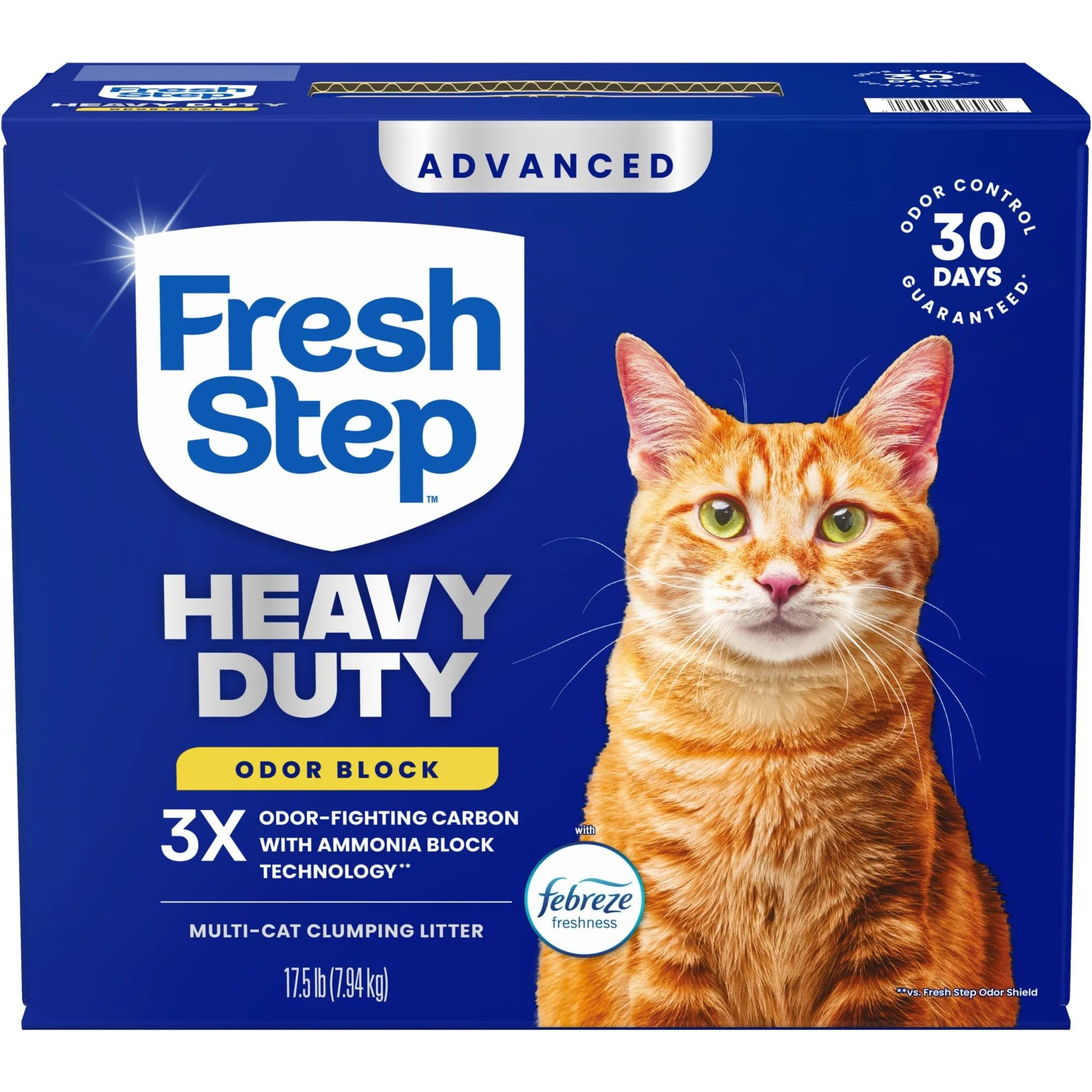 Fresh Step Advanced Heavy Duty Litter with Febreze freshness for odor control in the litter area.