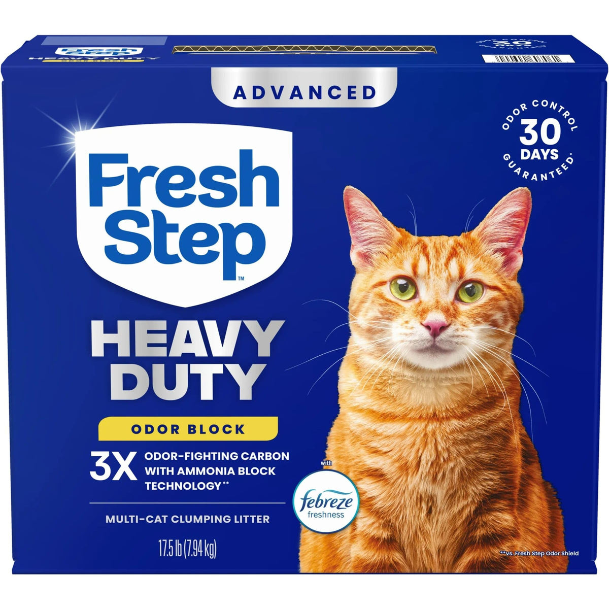 Fresh Step Advanced Heavy Duty Litter with Febreze freshness for odor control in the litter area.
