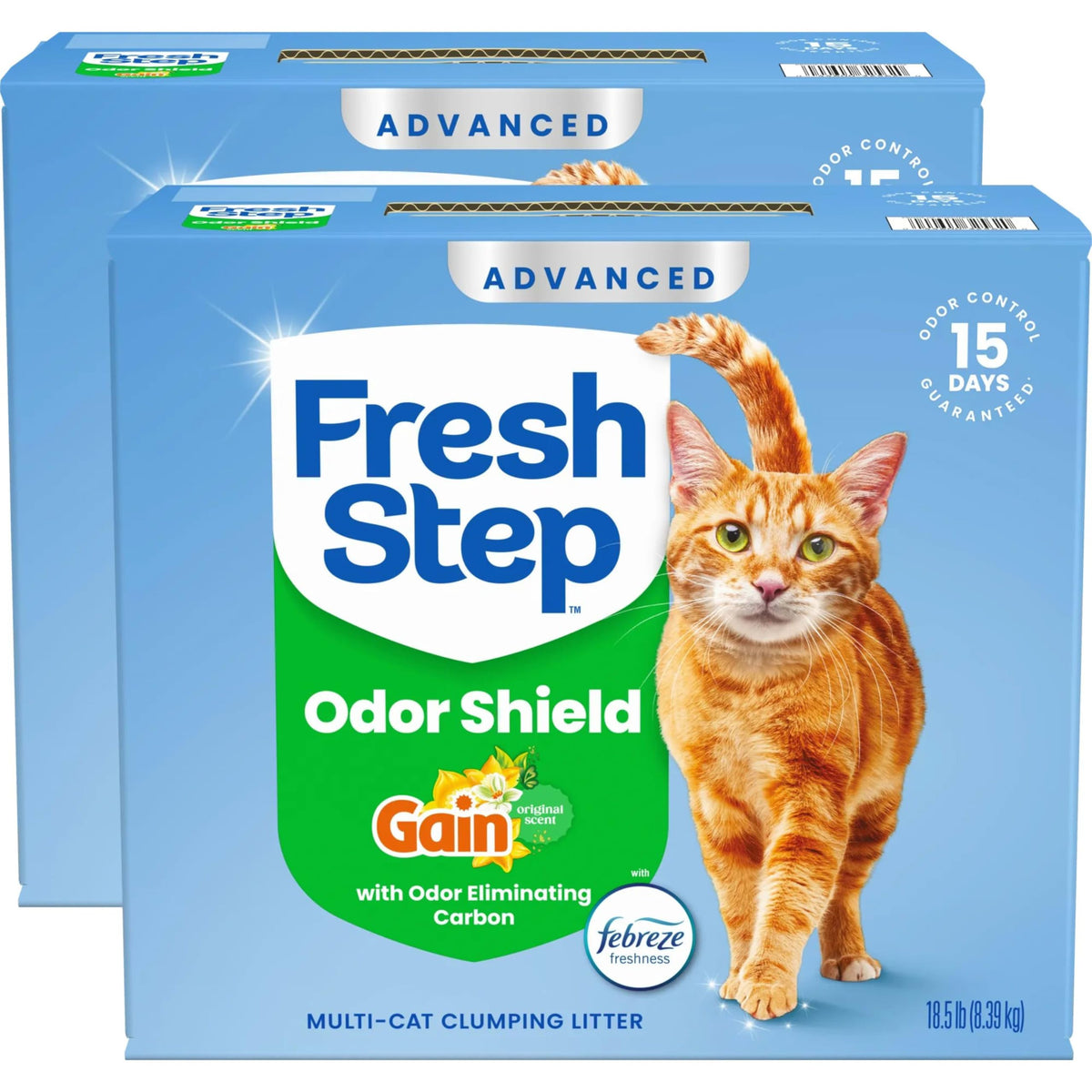 Fresh Step Advanced Odor Shield box shows multi-cat solution for busy homes