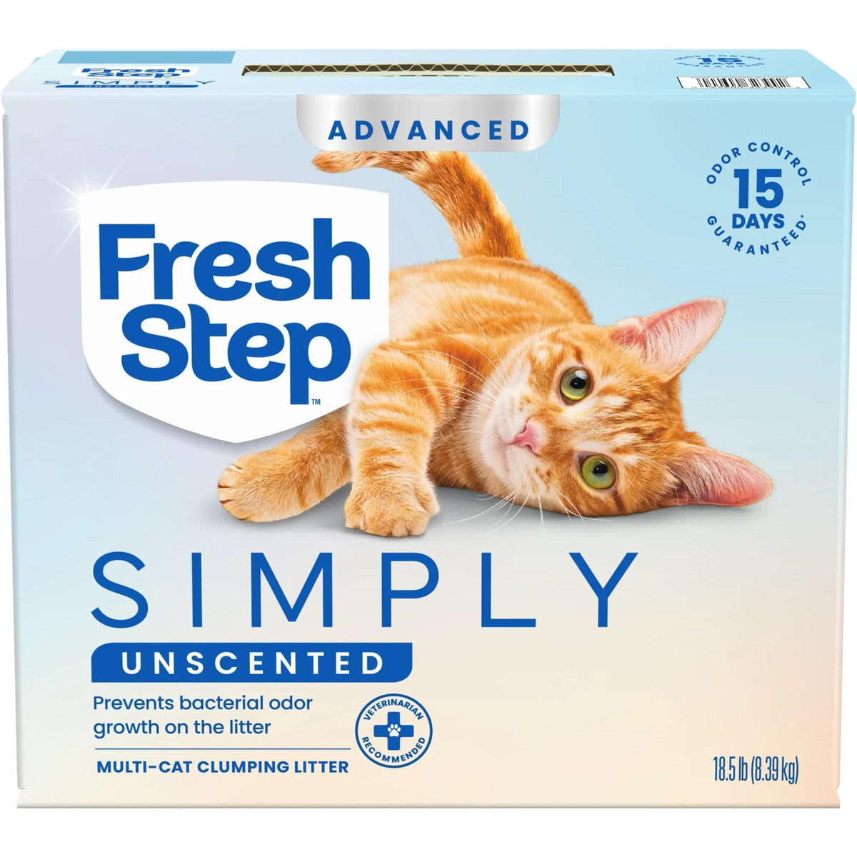 Fresh Step Advanced unscented clumping litter visible in box, front view highlighting fragrance-free option for odor control