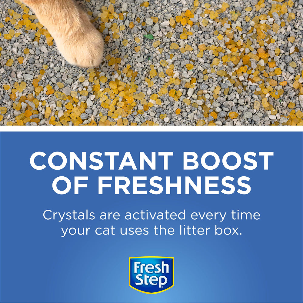 Dry crystal format from Fresh Step designed to stay in the litter area