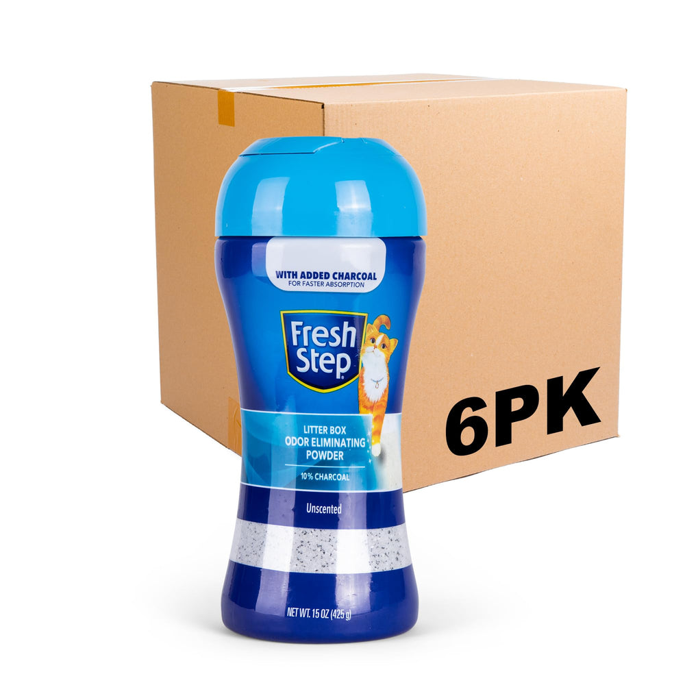 Fresh Step charcoal odor absorber powder bottle boosts litter box freshness between changes.