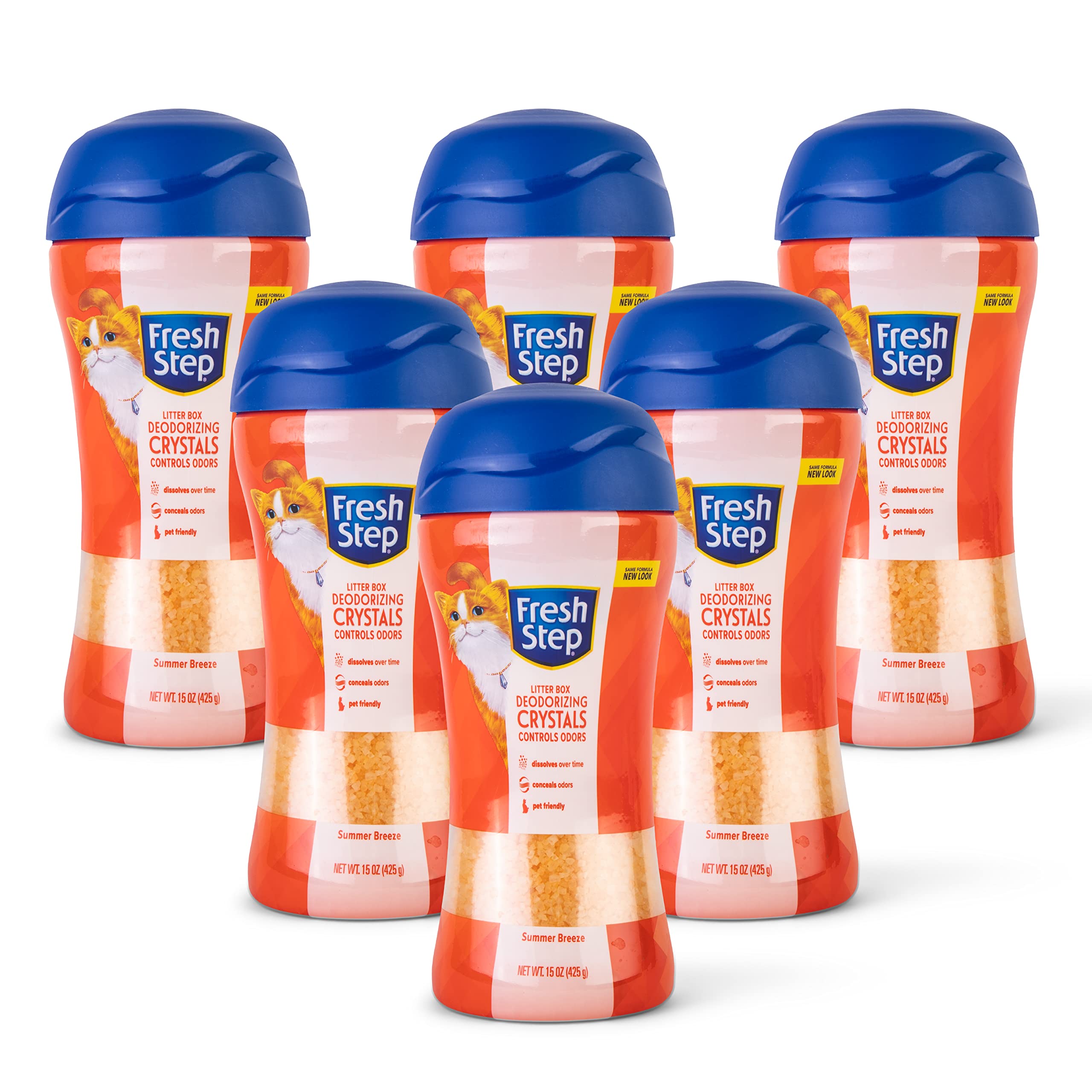 Fresh Step crystal deodorizer box reduces litter box odors with Summer Breeze scent.
