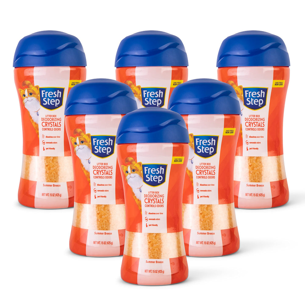 Fresh Step crystal deodorizer box reduces litter box odors with Summer Breeze scent.