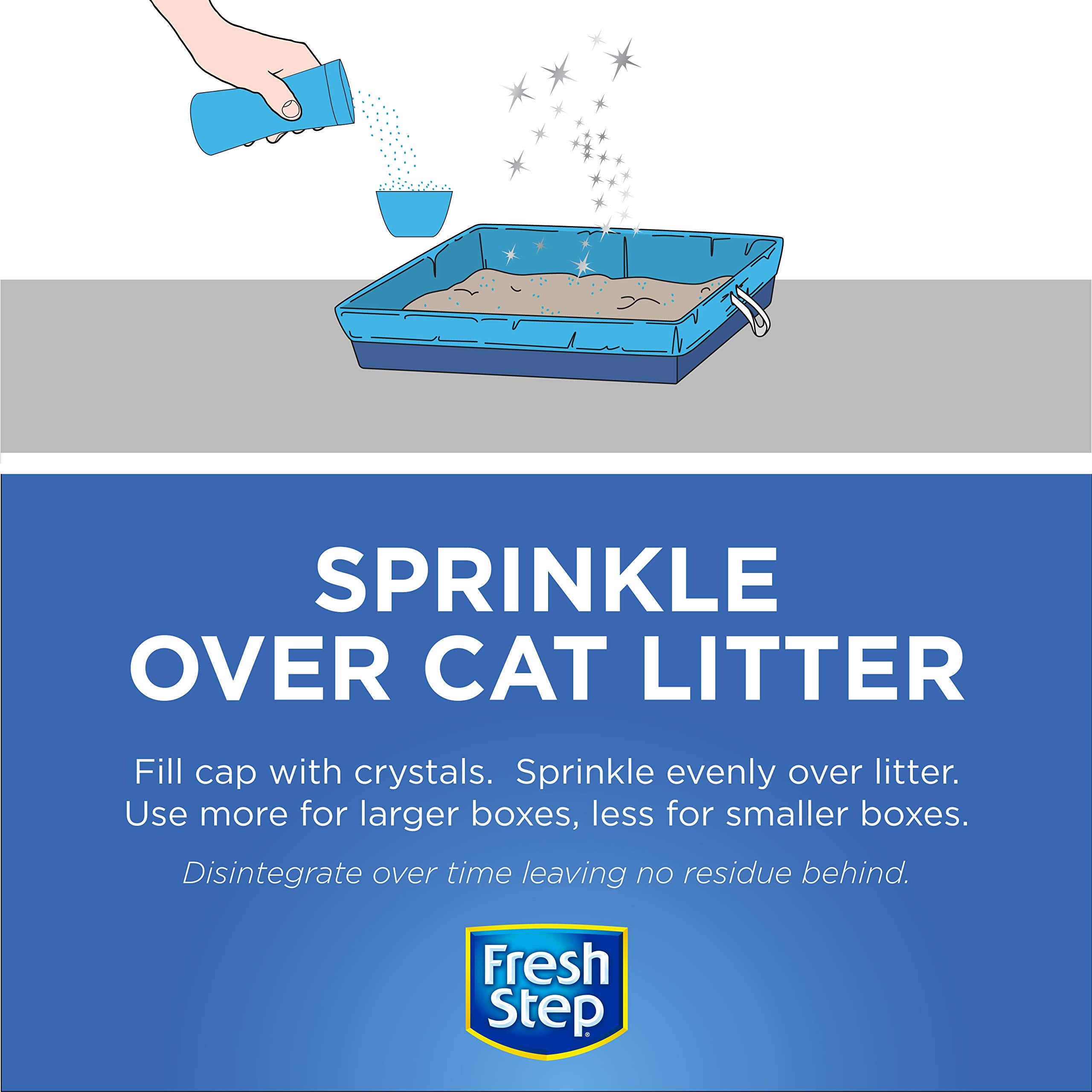 Pourable container of Fresh Step crystals for fast refresh between litter changes.