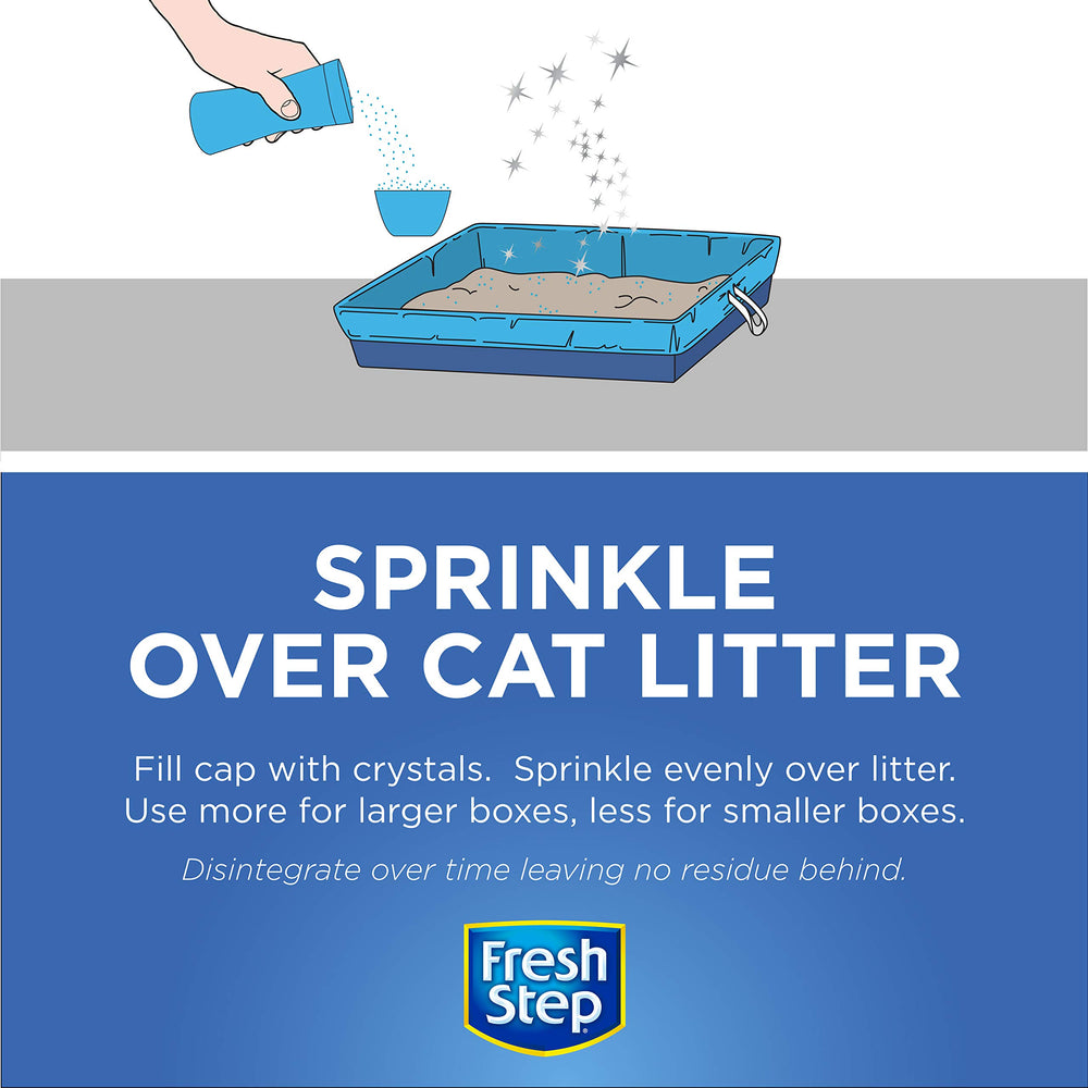 Pourable container of Fresh Step crystals for fast refresh between litter changes.
