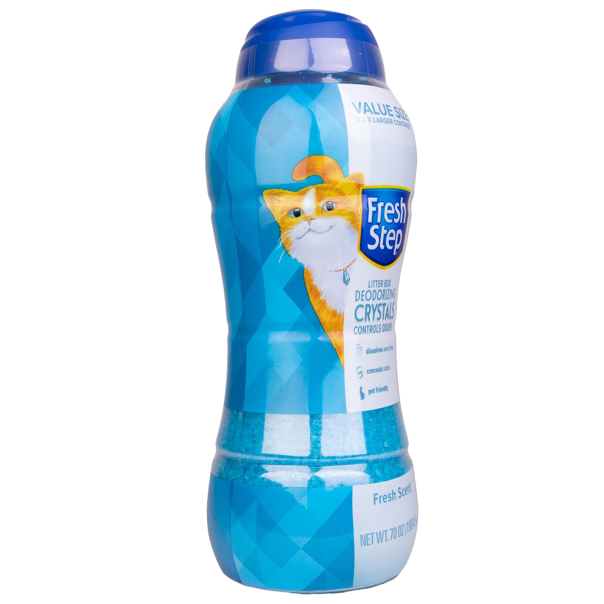 Fresh Step dry crystals odor-control illustrate steady deodorizing action between changes.