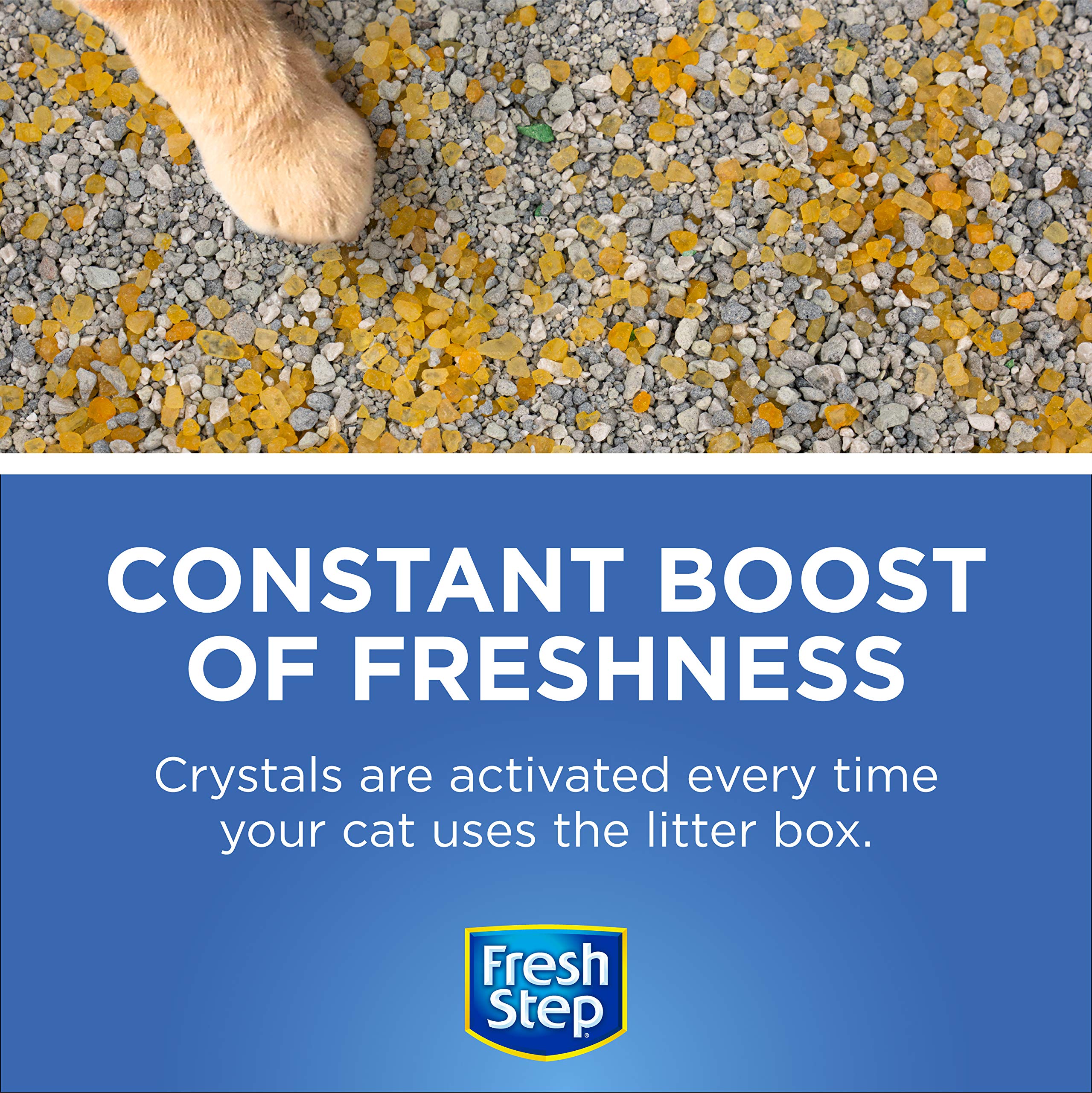 Easy-pour Fresh Step deodorizer used beside the litter box for quick refresh.