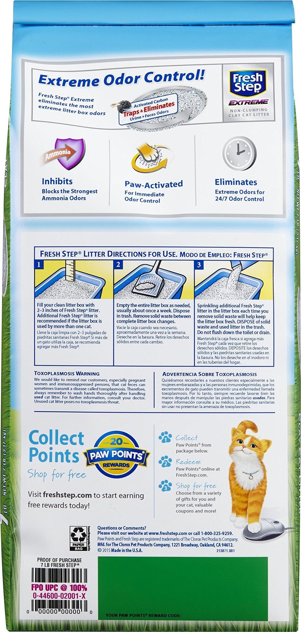 Fresh Step scented non-clumping clay cat litter 7 lb in-use image showing paw-activated freshness.