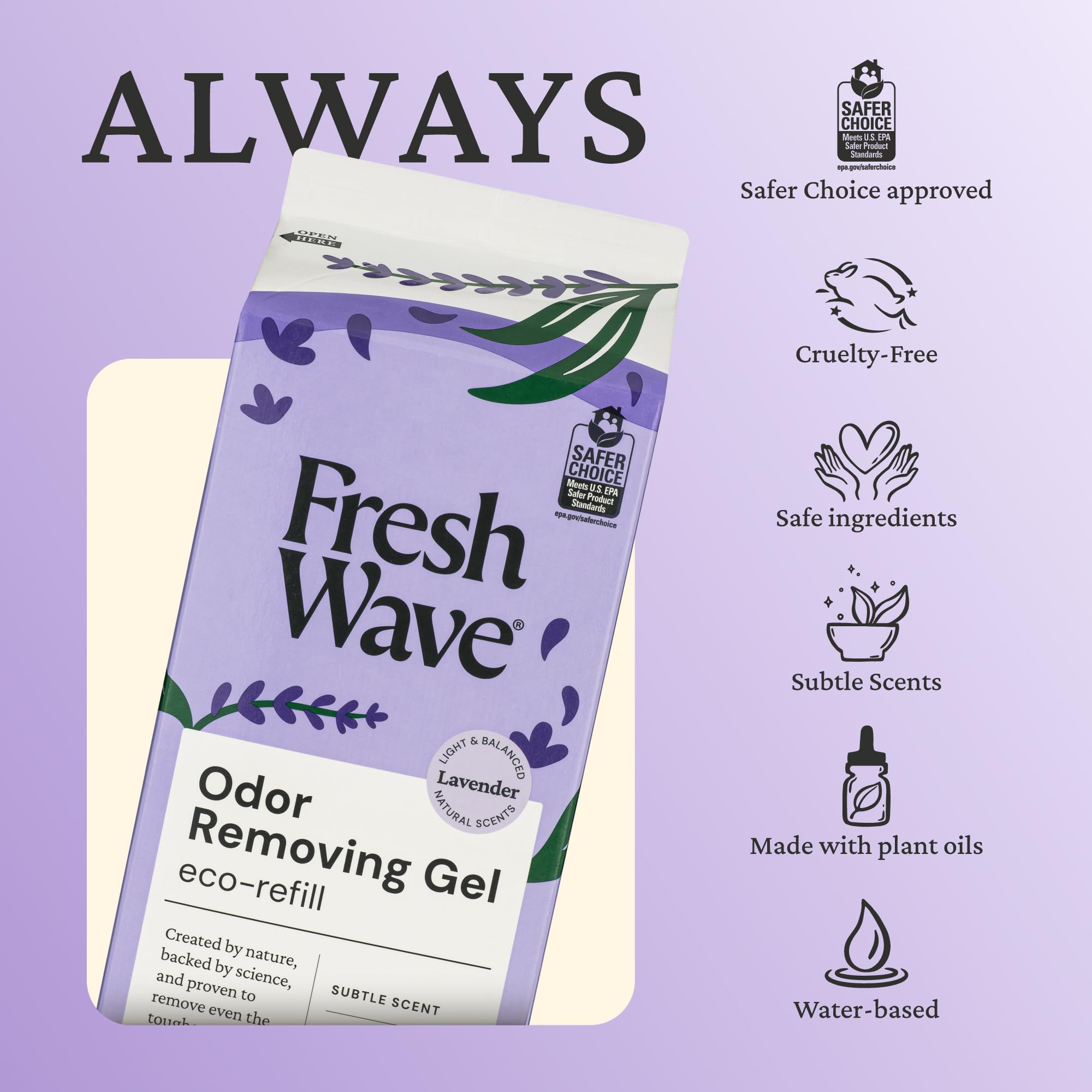 Fresh Wave lavender scent visual highlighting fresh aroma and room odor relief