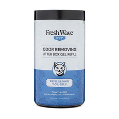 Fresh Wave litter box odor gel bottle near the litter area for deodorizing scents.