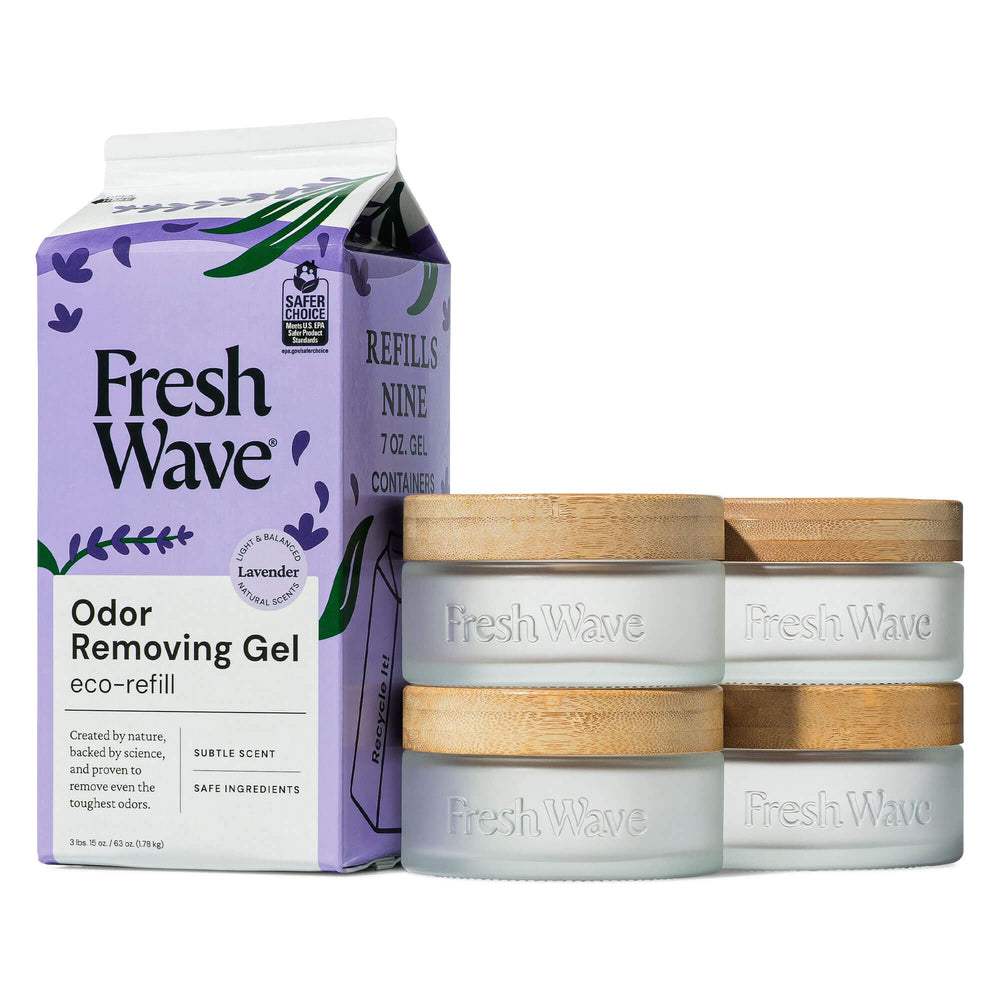 Fresh Wave odor removing gel eco-refill 63oz lavender bottle showing odor control potential