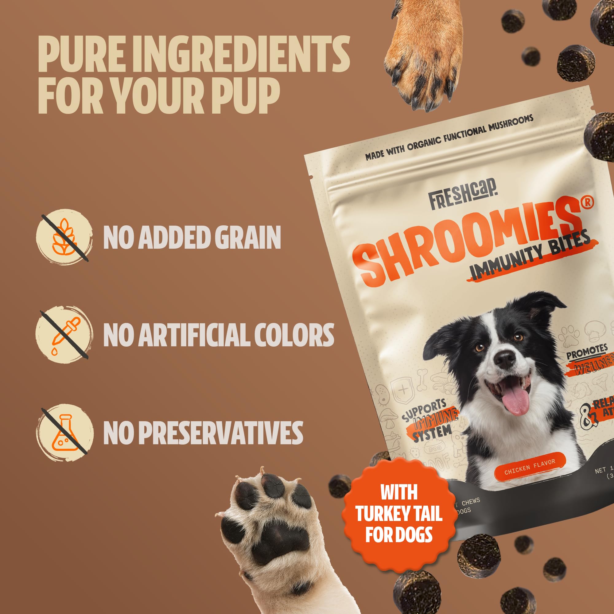 FreshCap Mushrooms Shroomies packaging info highlighting 180 chews per bag.