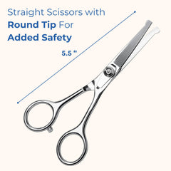 Freshly Bailey curved grooming scissors for precise shaping and gentle mat trimming.