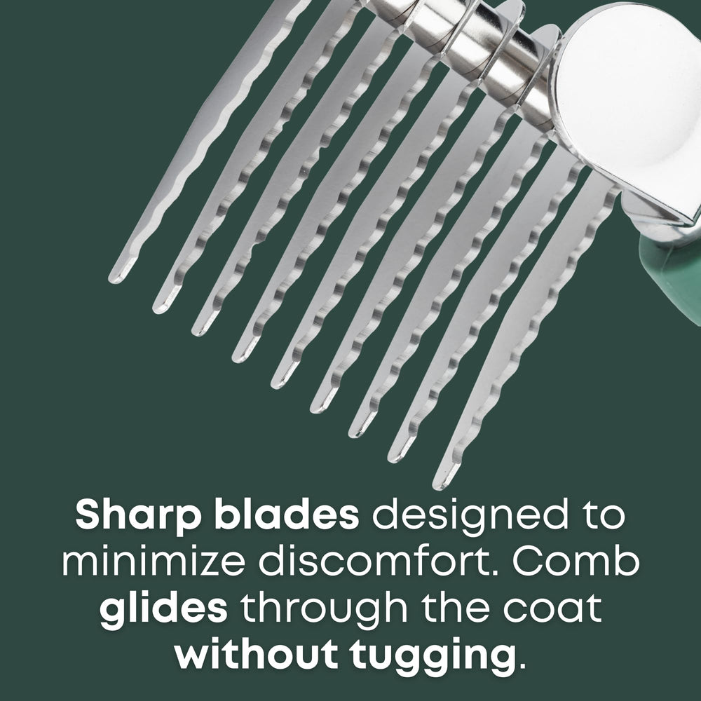 Freshly Bailey dematting comb features ergonomic grip for safe grooming