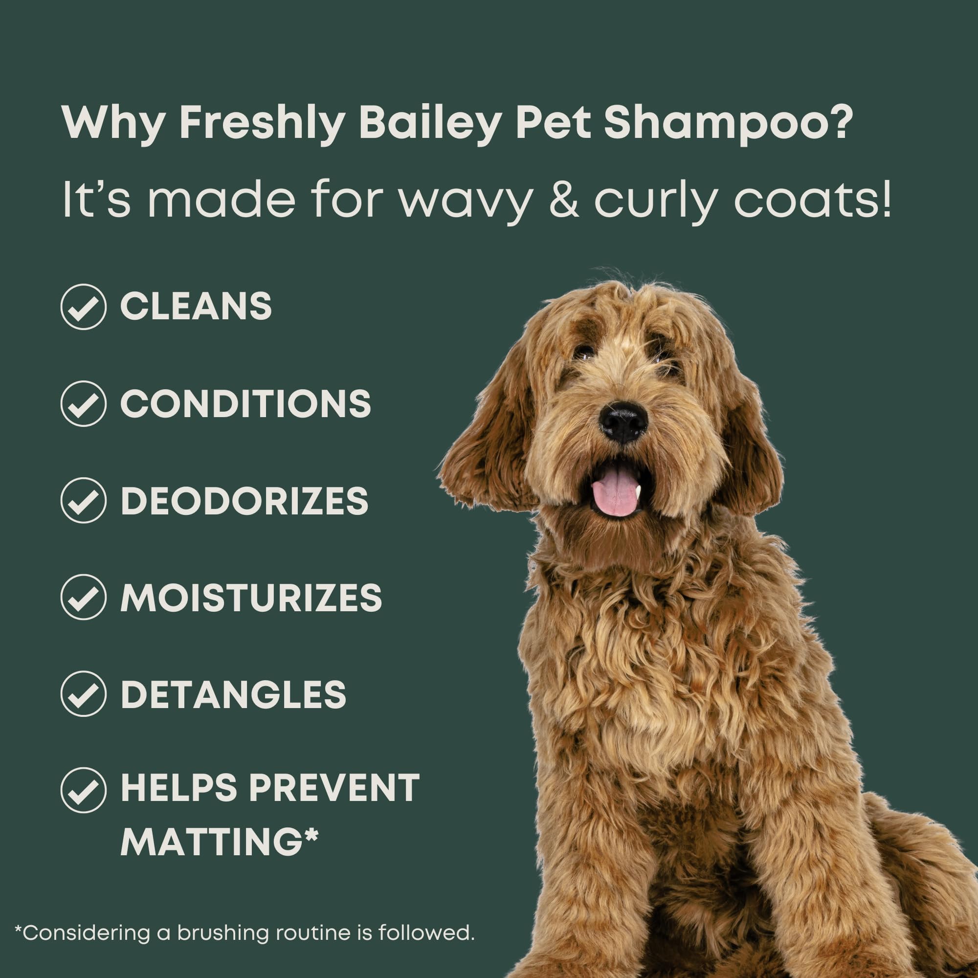 Freshly Bailey Doodle Conditioner bottle helps smooth, manageable coats after baths.