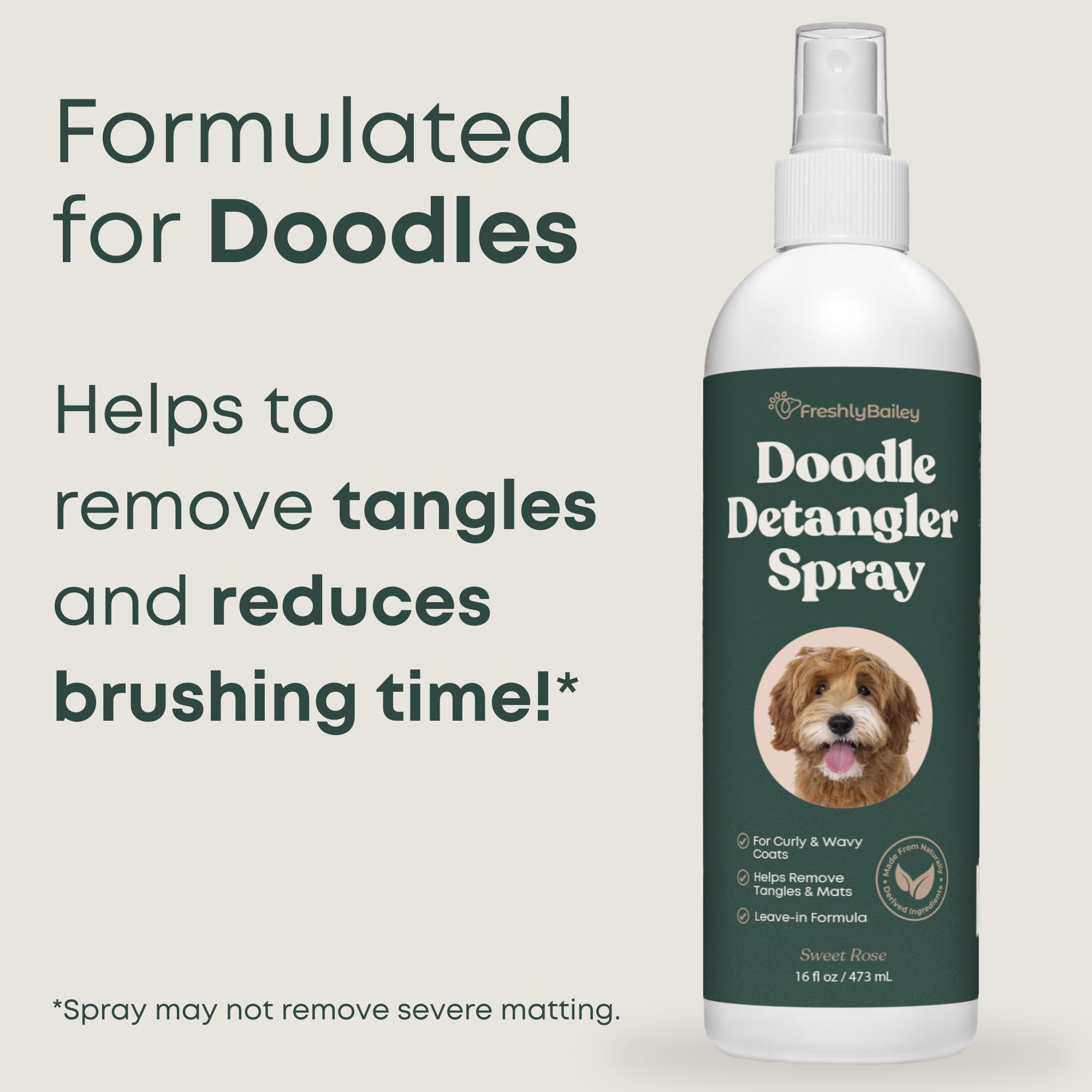 Close-up shows coat after using Freshly Bailey Doodle Detangler for easier combing.