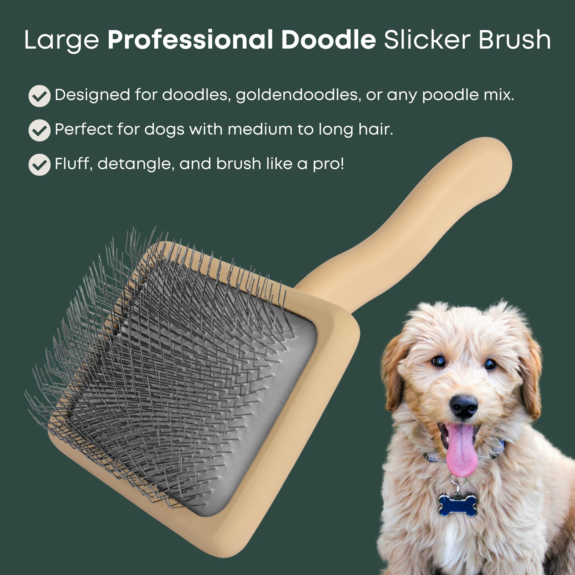 Freshly Bailey Doodle Slicker Brush angled head enables thorough detangling.