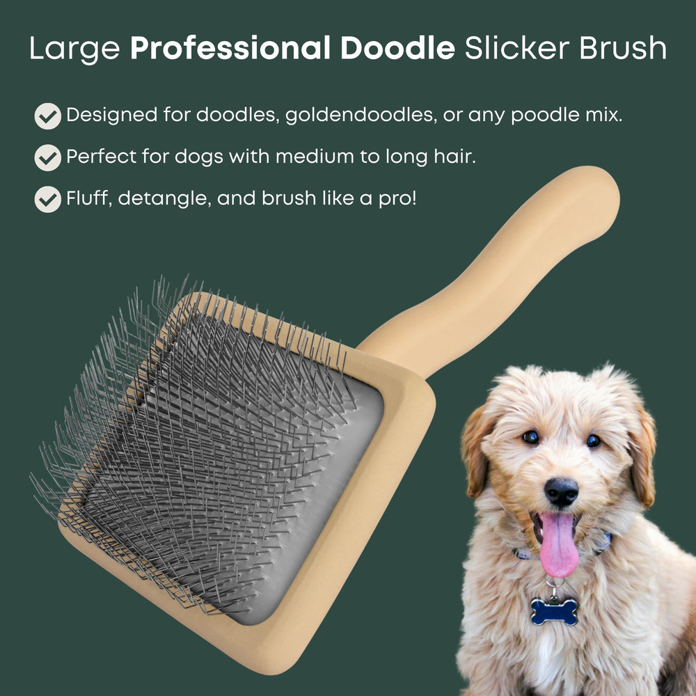 Freshly Bailey Doodle Slicker Brush angled head enables thorough detangling.